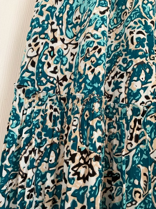 Chico's 3 Teal White Paisley Maxi Dress 24” by 50” v neck ruffle tiered travel - Picture 9 of 11